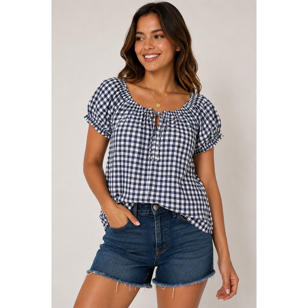 Old Navy Womens Navy White Gingham Checkered Puff Sleeve Tie Neck Blouse Medium